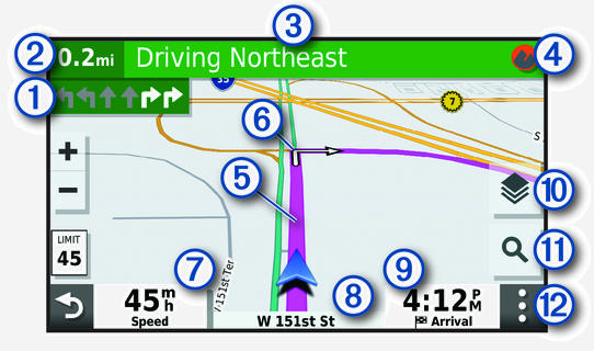 Active route on a navigation map with callouts