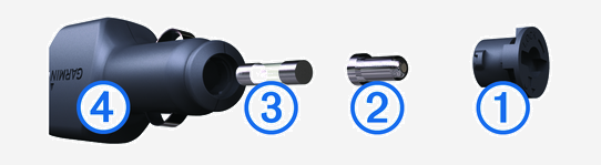 Exploded view of charging adapter and fuse with callouts