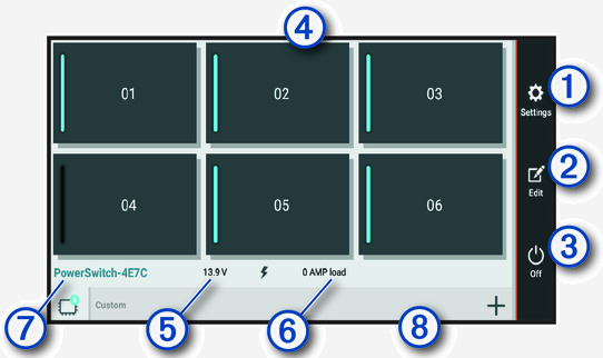 Garmin Power Switch app overview with callouts