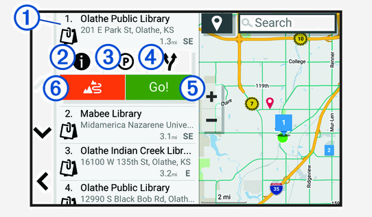 Location search results list with callouts