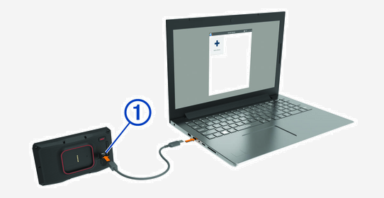 Device connected to a laptop with a USB cable and with a callout
