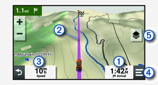 Active straight line route on a navigation map with callouts