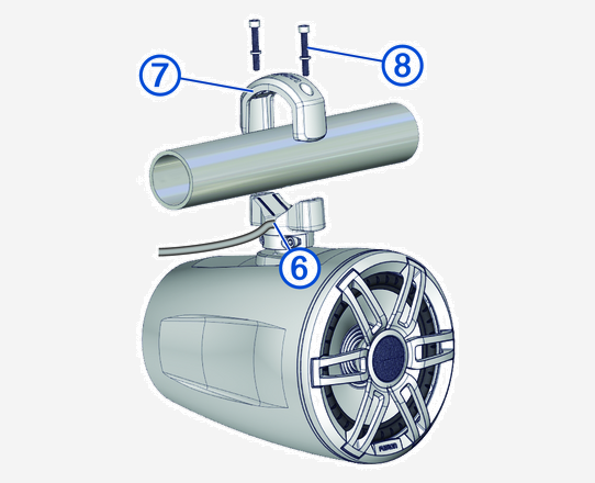 Speaker being installed on a roll bar using the bracket with callouts