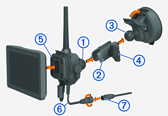 Device and power cable connecting to the automotive mount with callouts